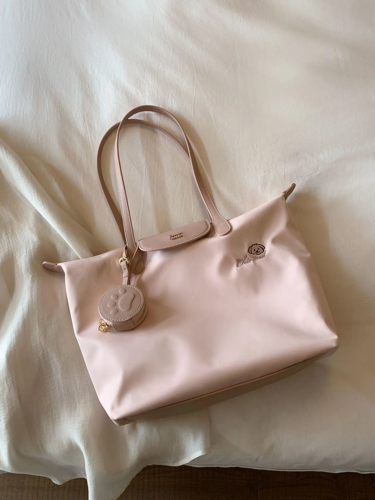 Oxford cloth shoulder tote bag with sandwich pocket and mobile phone compartment in pink macaron colour