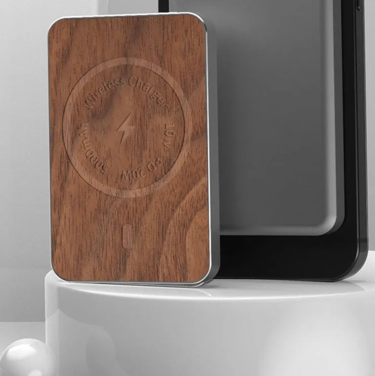 Khaki aluminium alloy magnetic wireless charging bank with 5000mAh battery and USB port