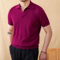 Purple cotton and linen knitted polo top with short sleeves, a seagull collar, and a sunken stripe pattern.