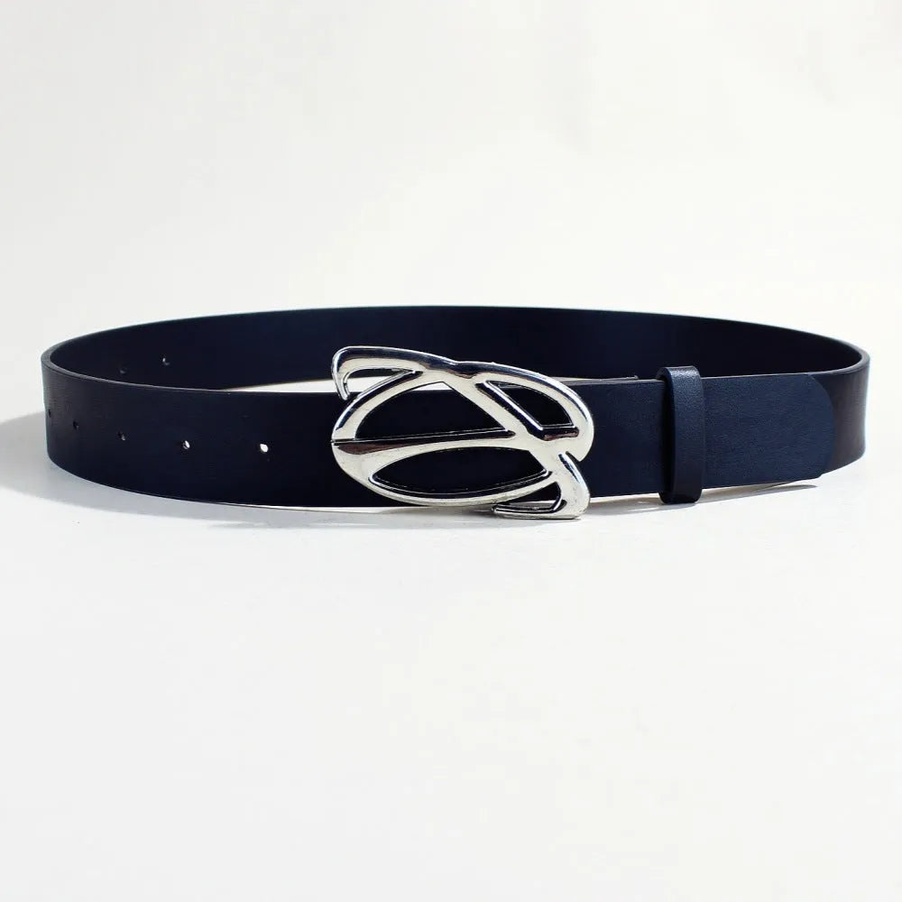 Silver buckle PU leather casual belt with snap button fastening, shown flat
