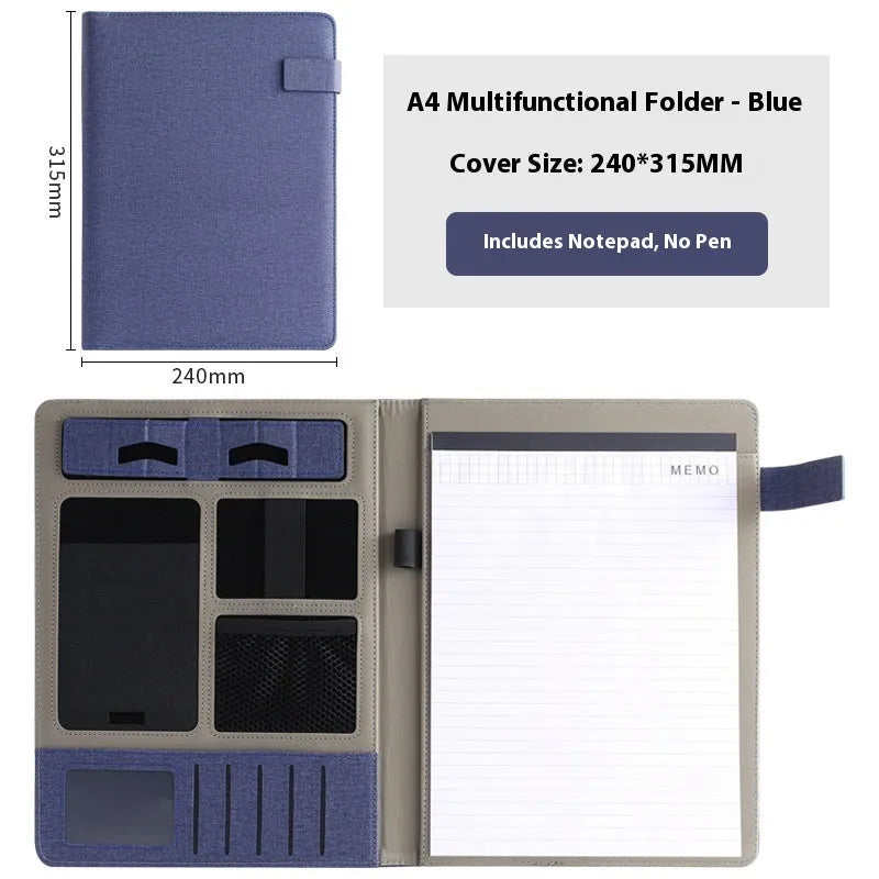 Leather A4 business folder in black showing document, pen, and notepad compartments