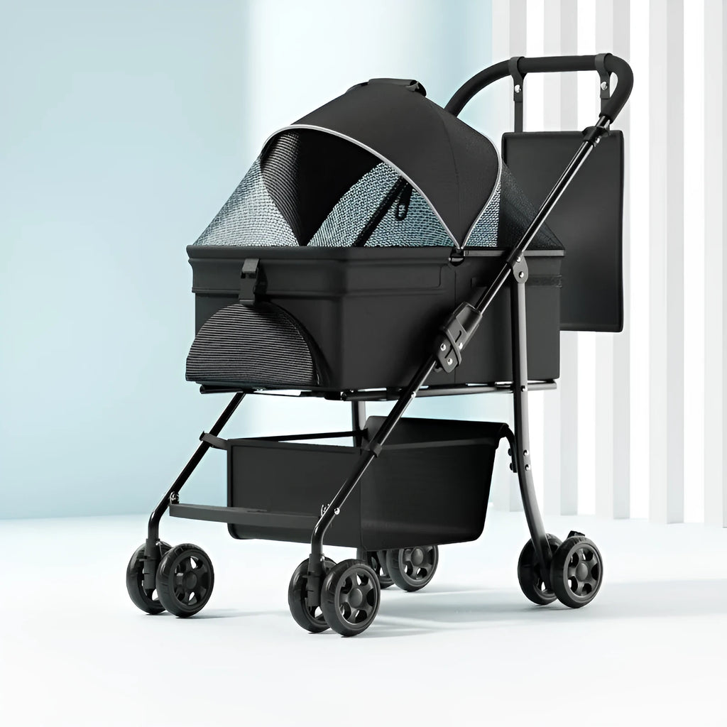 Black metal pet cart with one-click folding mechanism and detachable construction