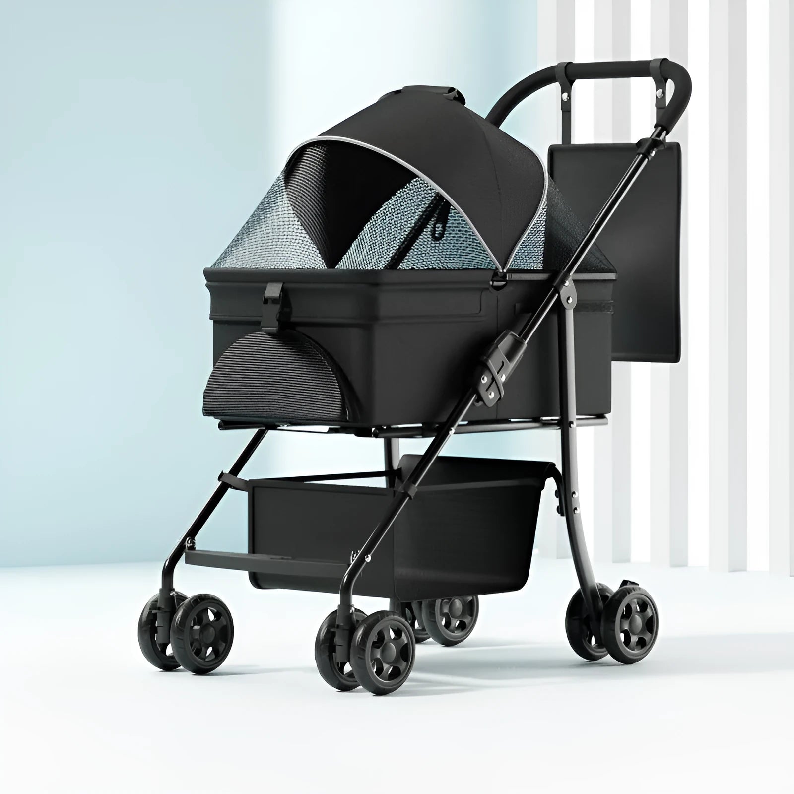 Black metal pet cart with one-click folding mechanism and detachable construction