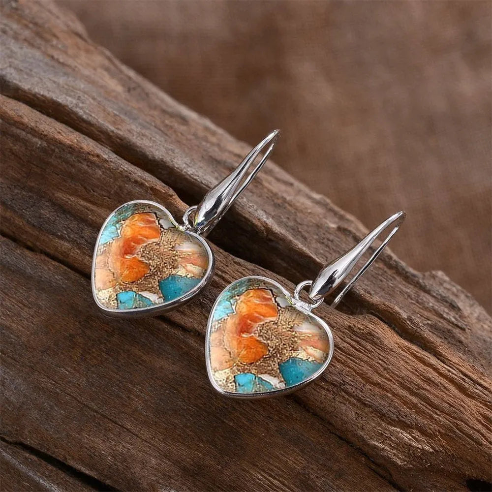 Silver alloy vintage bohemian love pendant drop earrings with water droplet shape