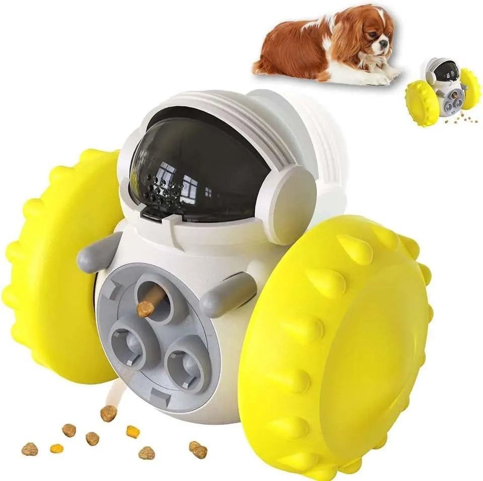 Self-balancing roller dog treat puzzle toy for small dogs and cats in assorted colours.