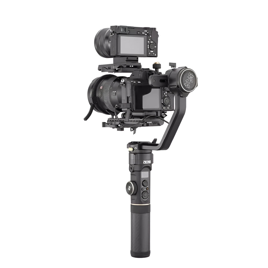 Dual position extension handle for camera gimbals with stabiliser accessory