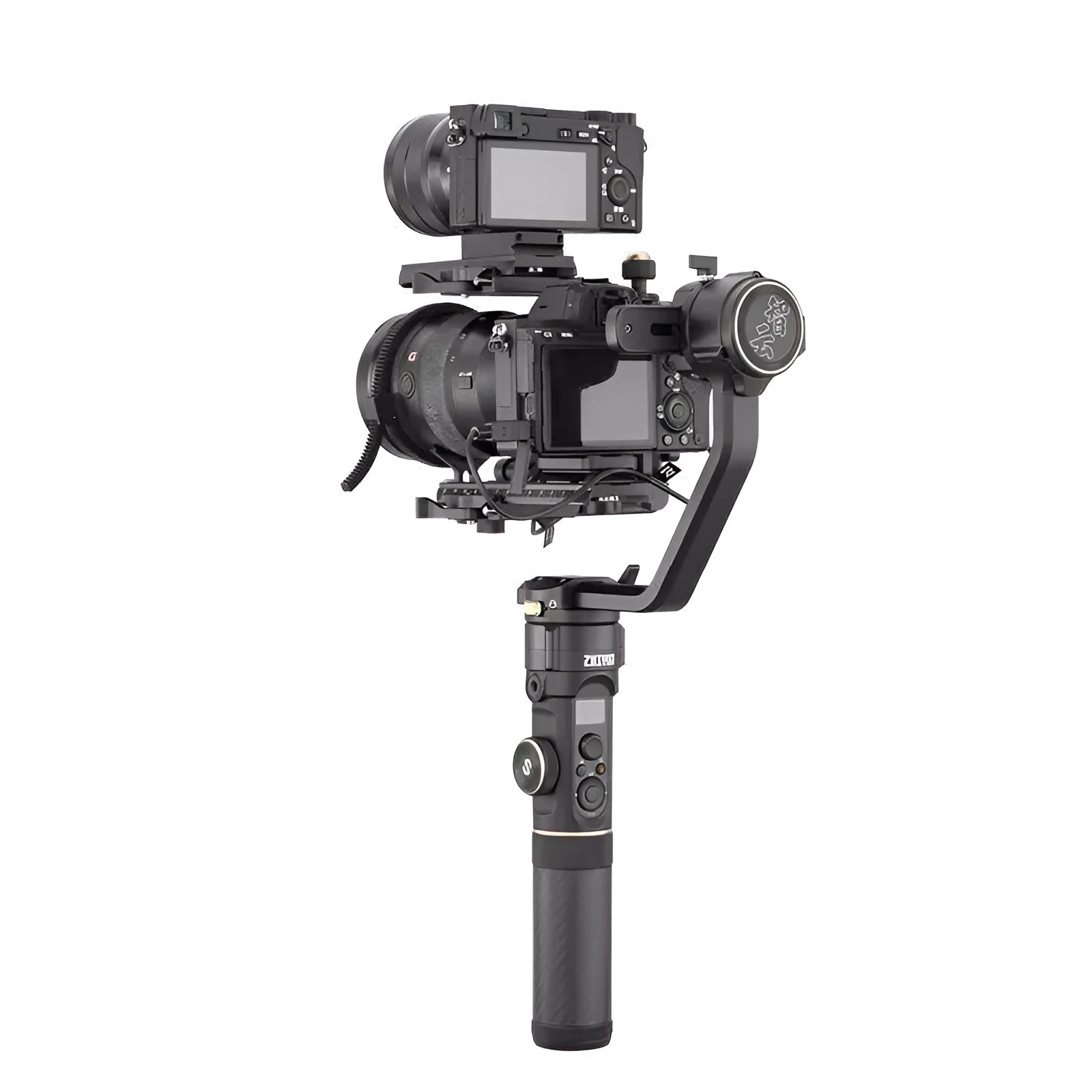 Dual position extension handle for camera gimbals with stabiliser accessory