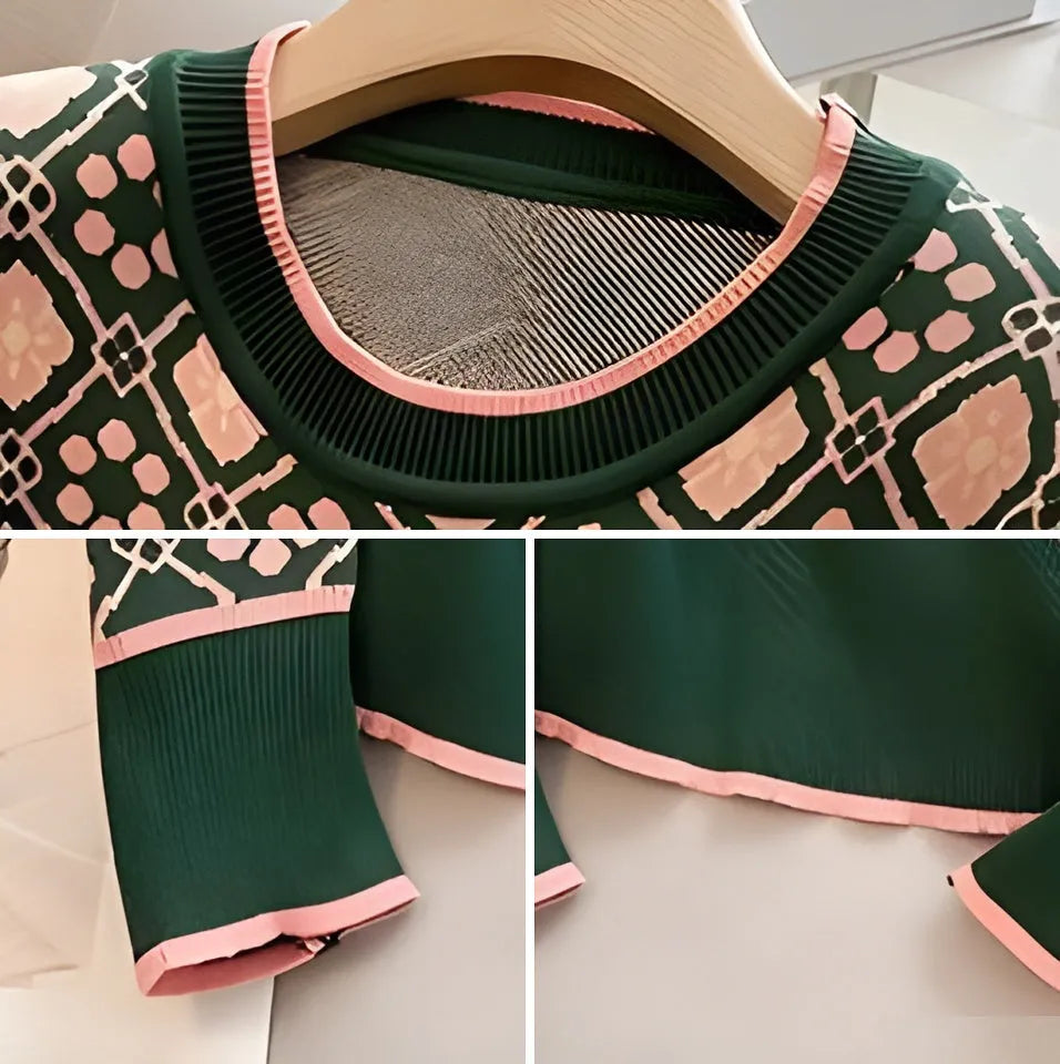Women's green printed sweater with loose fit and regular sleeves