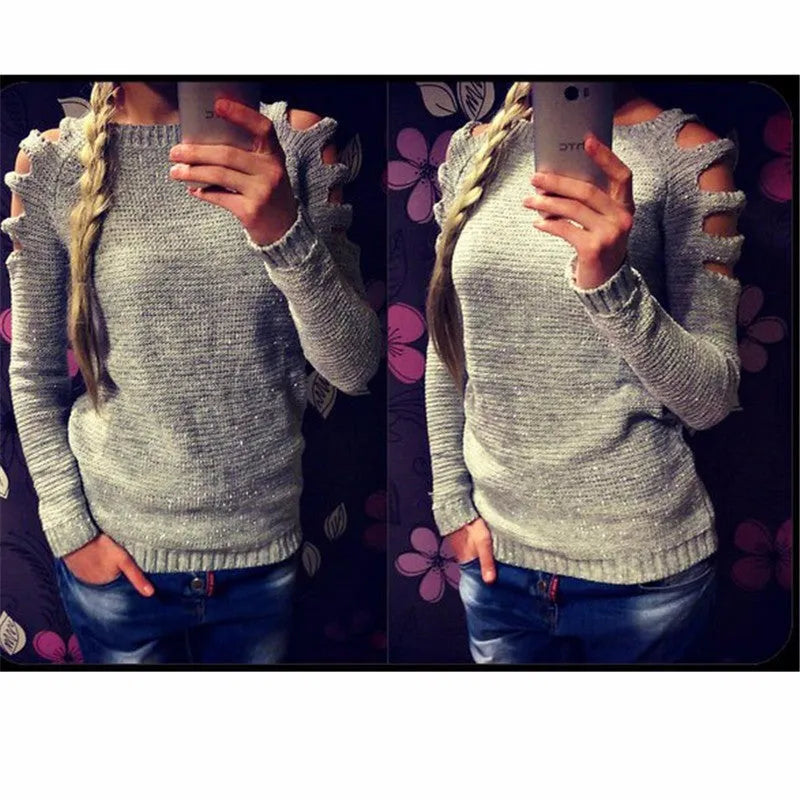 Women's solid colour knitted shirt with crocheted hollow-out long sleeves and round neck.