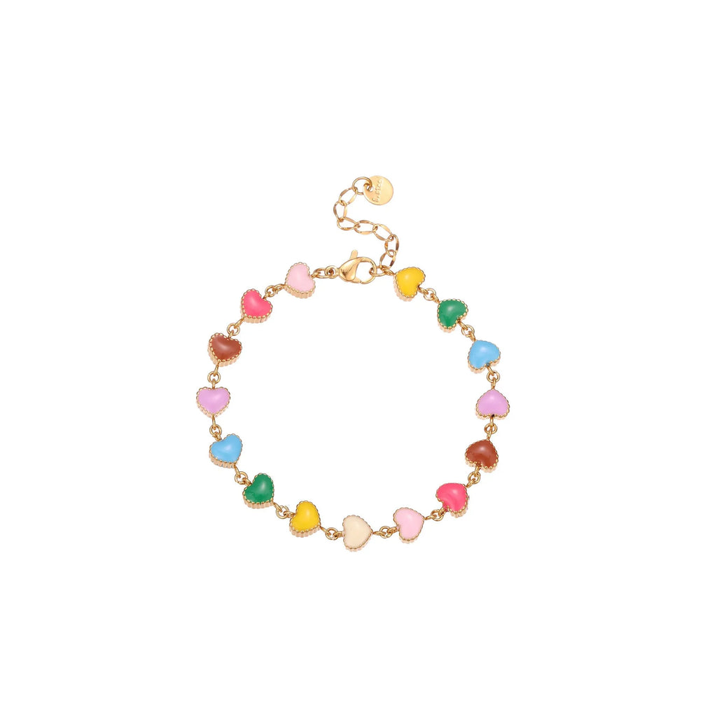 Women's heart-shaped stainless steel bracelet with colourful oil necklace element in gold electroplated finish