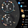 Two natural stone beaded bracelets with zodiac sign charms on a wooden surface.