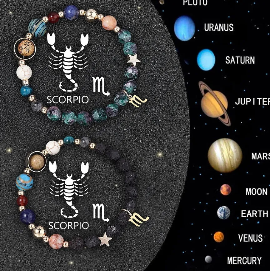 Two natural stone beaded bracelets with zodiac sign charms on a wooden surface.