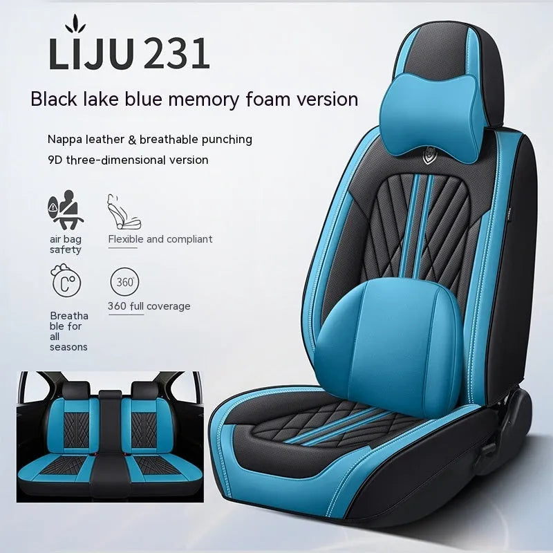 Set of five leather car seat cushions in a choice of colours including black and blue, and beige black.