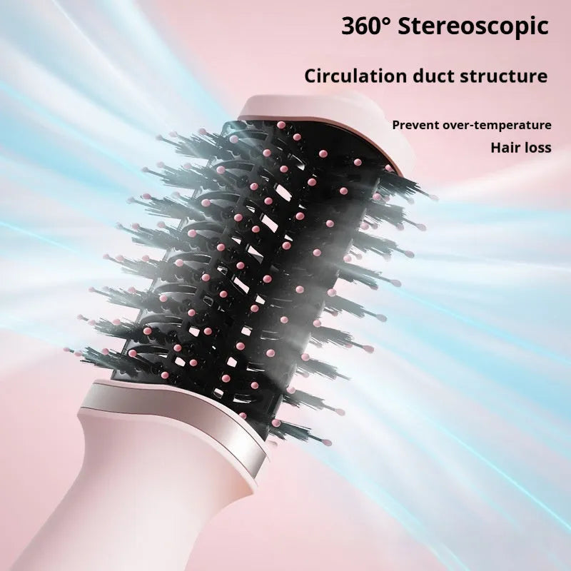 Pink multifunctional hair dryer with integrated comb and curling brush attachments