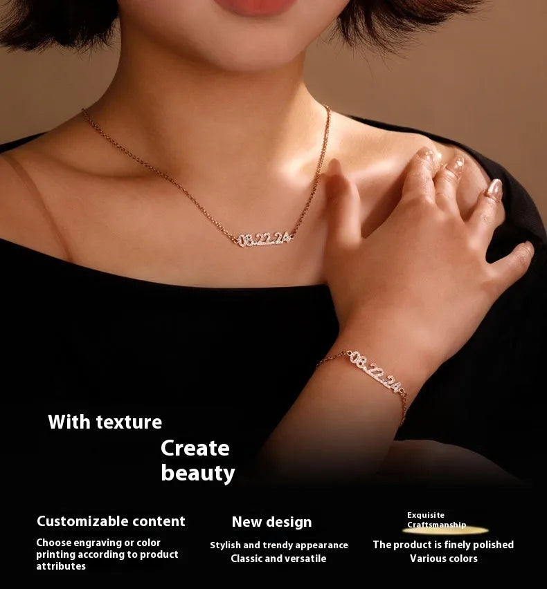 Stainless steel digital bracelet necklace with diamond studded numbers in gold, rose gold, or steel