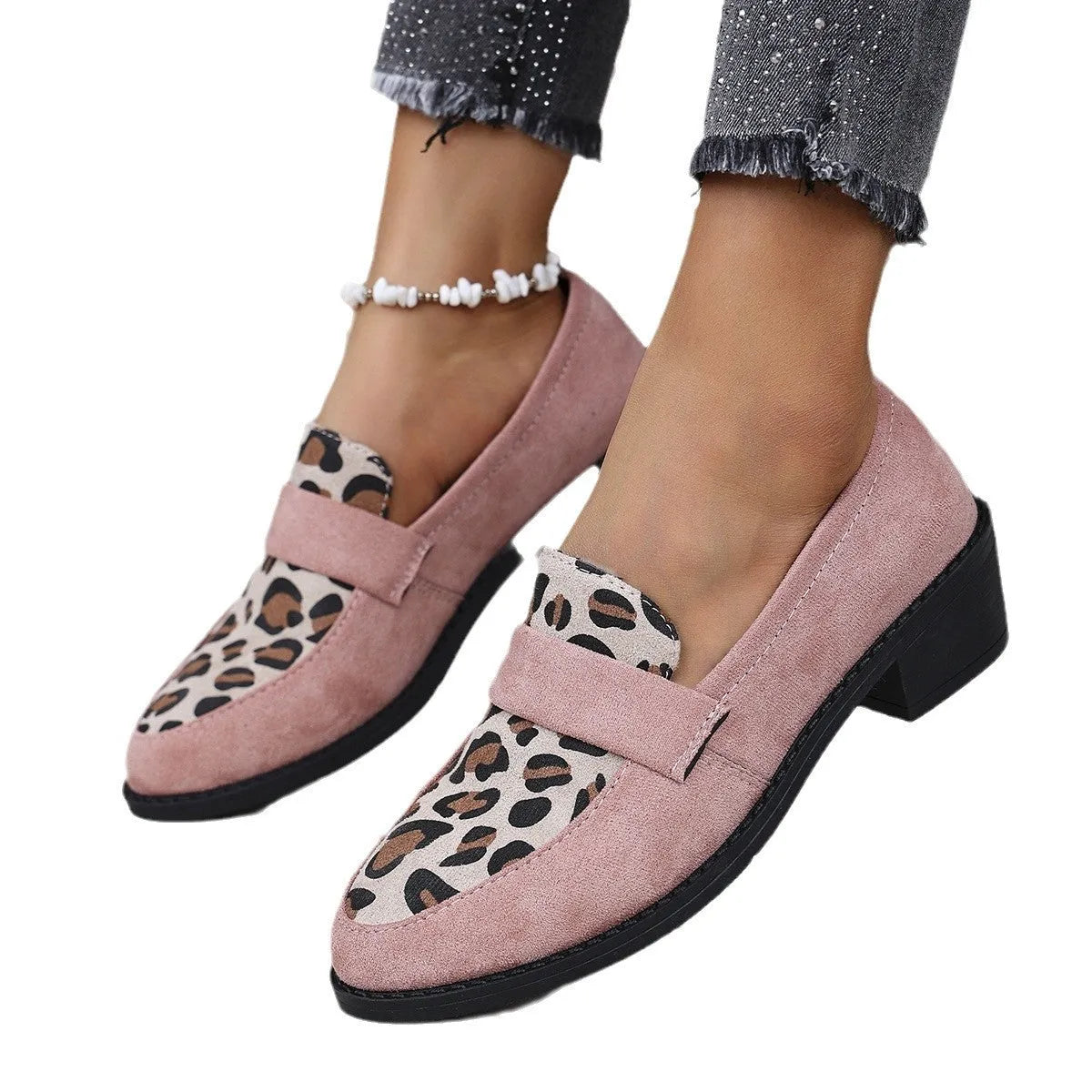 Leopard print suede slip-on shoes with a chunky heel and pointed toe in brown colour