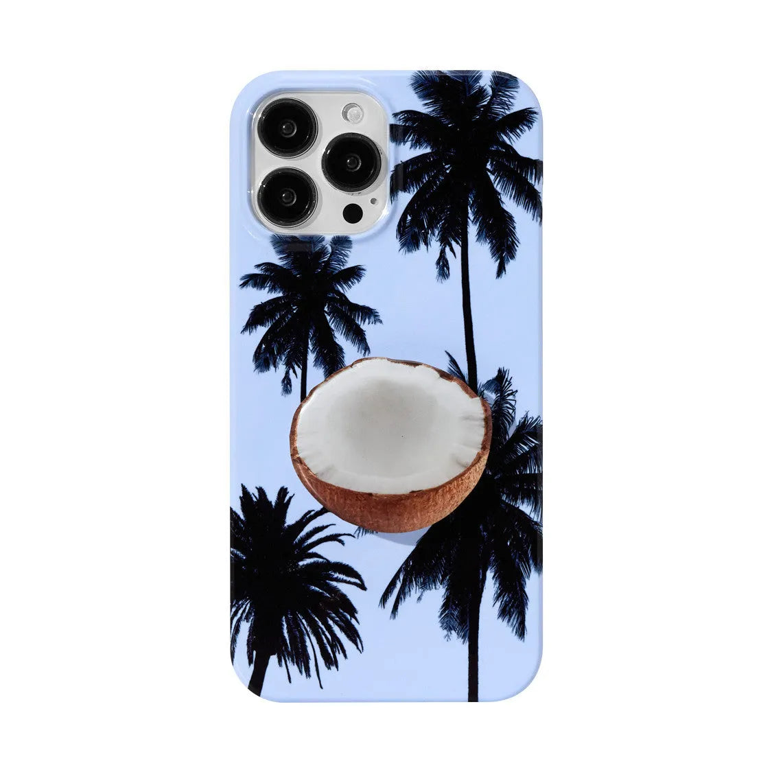 Summer coconut design TPU iPhone case shown with optional bracket attachment for multiple iPhone models
