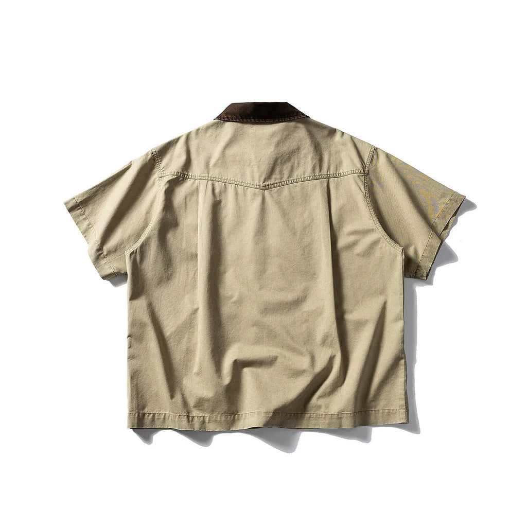 Men's khaki washed overalls cotton shirt with short sleeves in loose cardigan style