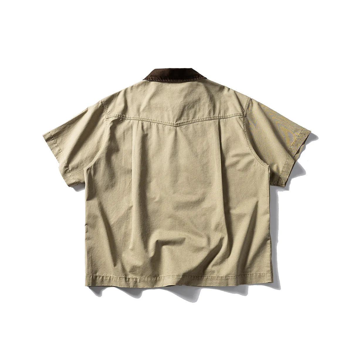 Men's khaki washed overalls cotton shirt with short sleeves in loose cardigan style