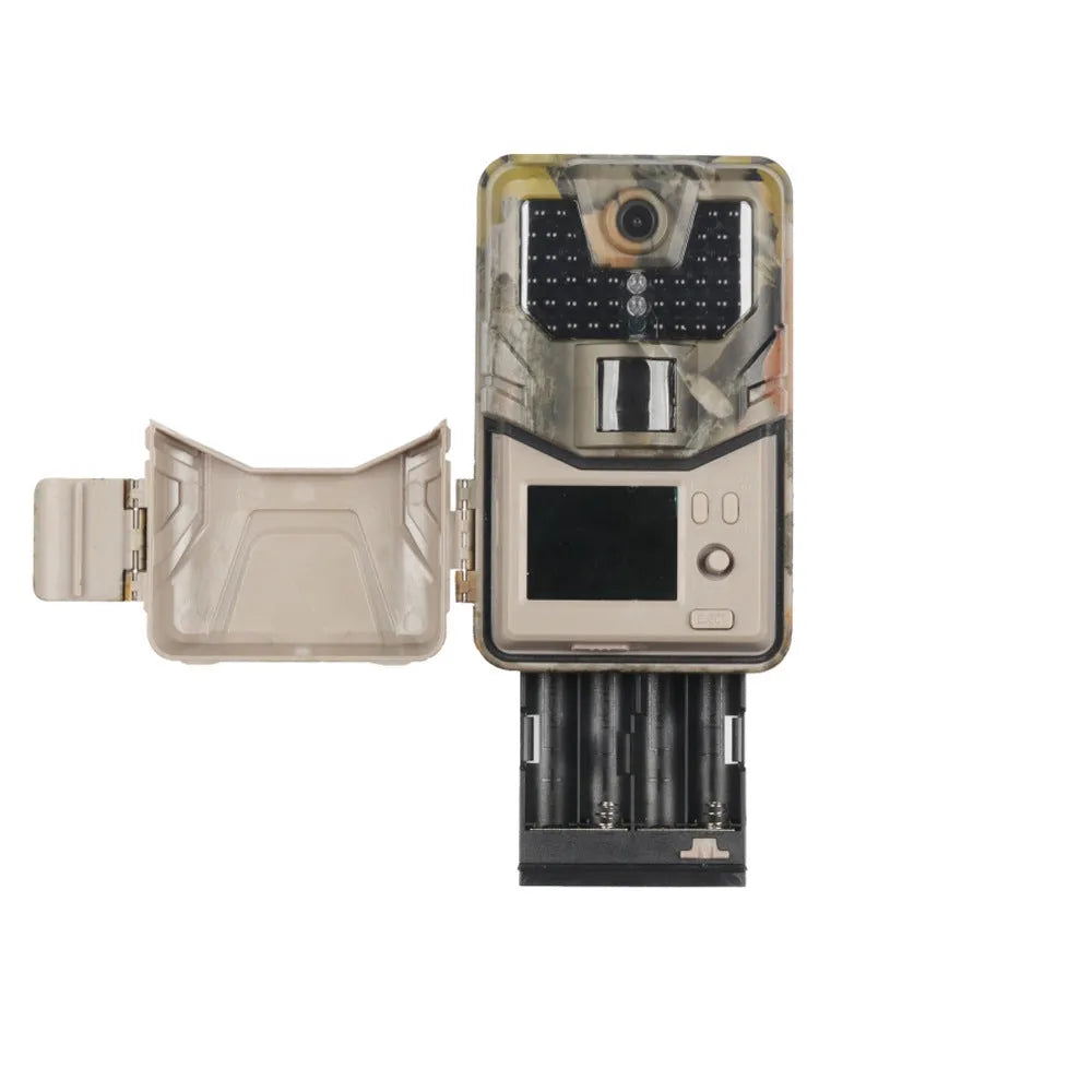 Camouflage outdoor trail camera with infrared LEDs, showing compact design for wildlife and security monitoring.