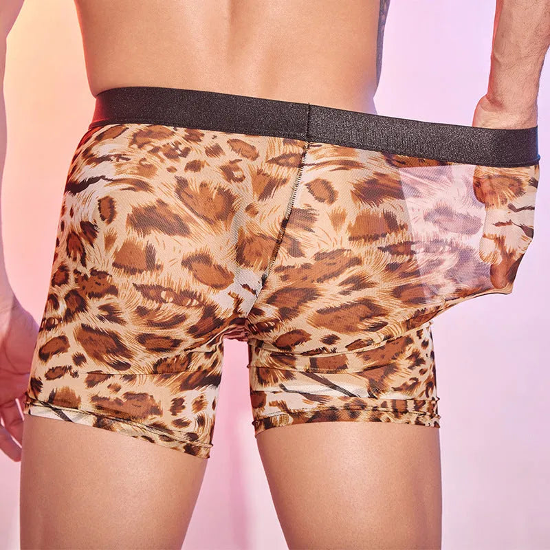 Men's leopard print boxer shorts with elastic waistband, nylon fabric construction
