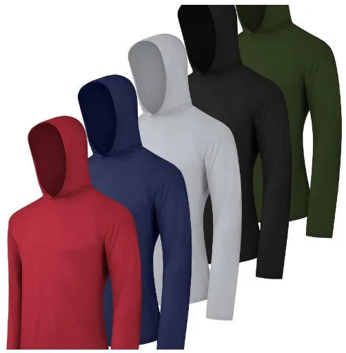 Pack of men's lightweight polyester hoodies in assorted colours on hangers