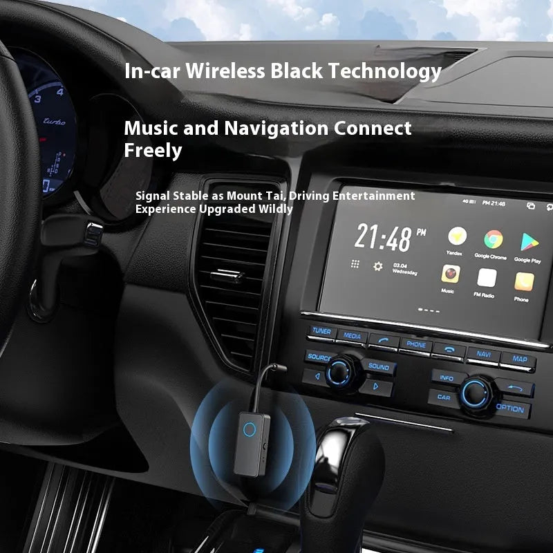 Small black Bluetooth audio adapter with a 3.5mm plug for wireless music streaming.