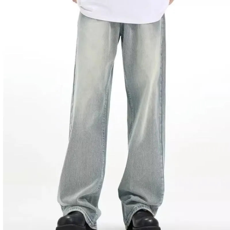 Blue retro loose casual trousers with rabbit fur fabric elastic material shown on mannequin