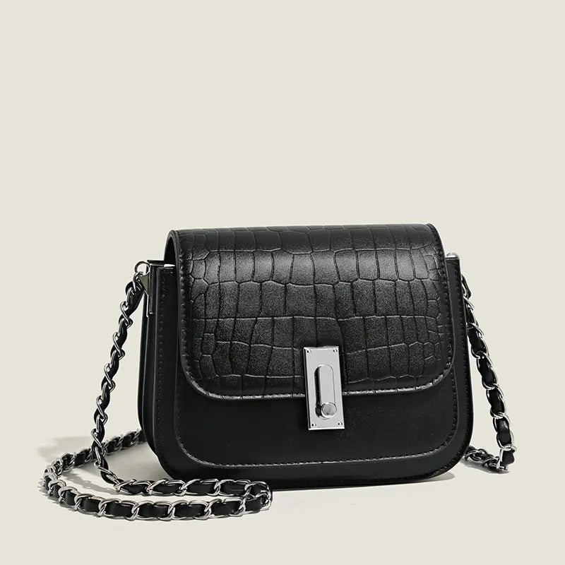 Soft black PU chain shoulder bag with sandwich pocket front and decorative sewing thread details