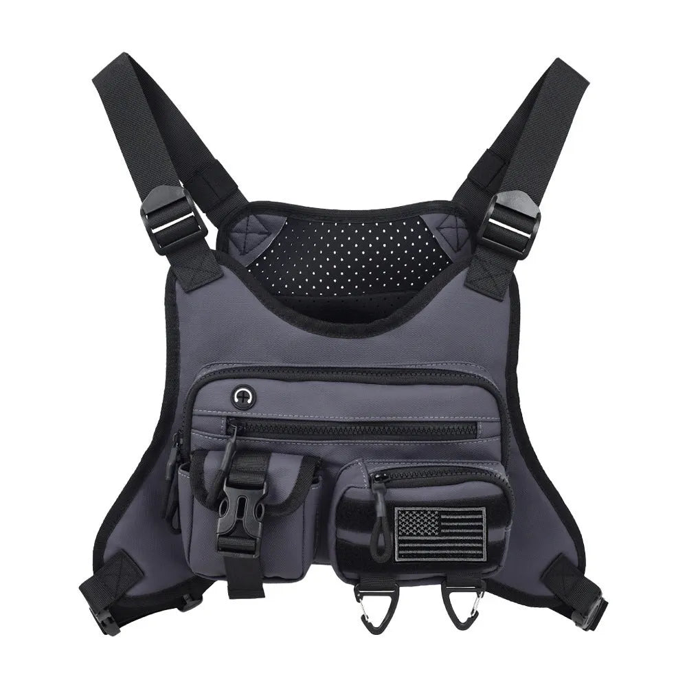 Oxford cloth chest bag with vest design in black, gray, or blue for outdoor sports
