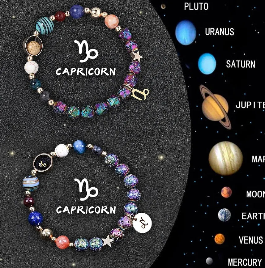 Pair of natural stone beaded bracelets with zodiac charms on an adjustable cord.