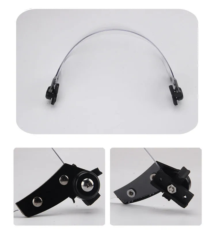 Transparent polycarbonate safety mask for helmet attachment, 30cm wide by 15cm high.