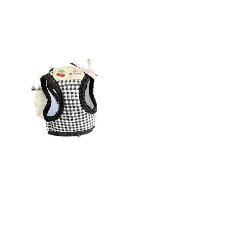 Small dog harness with chest and back handles in cotton material, black or pink colour