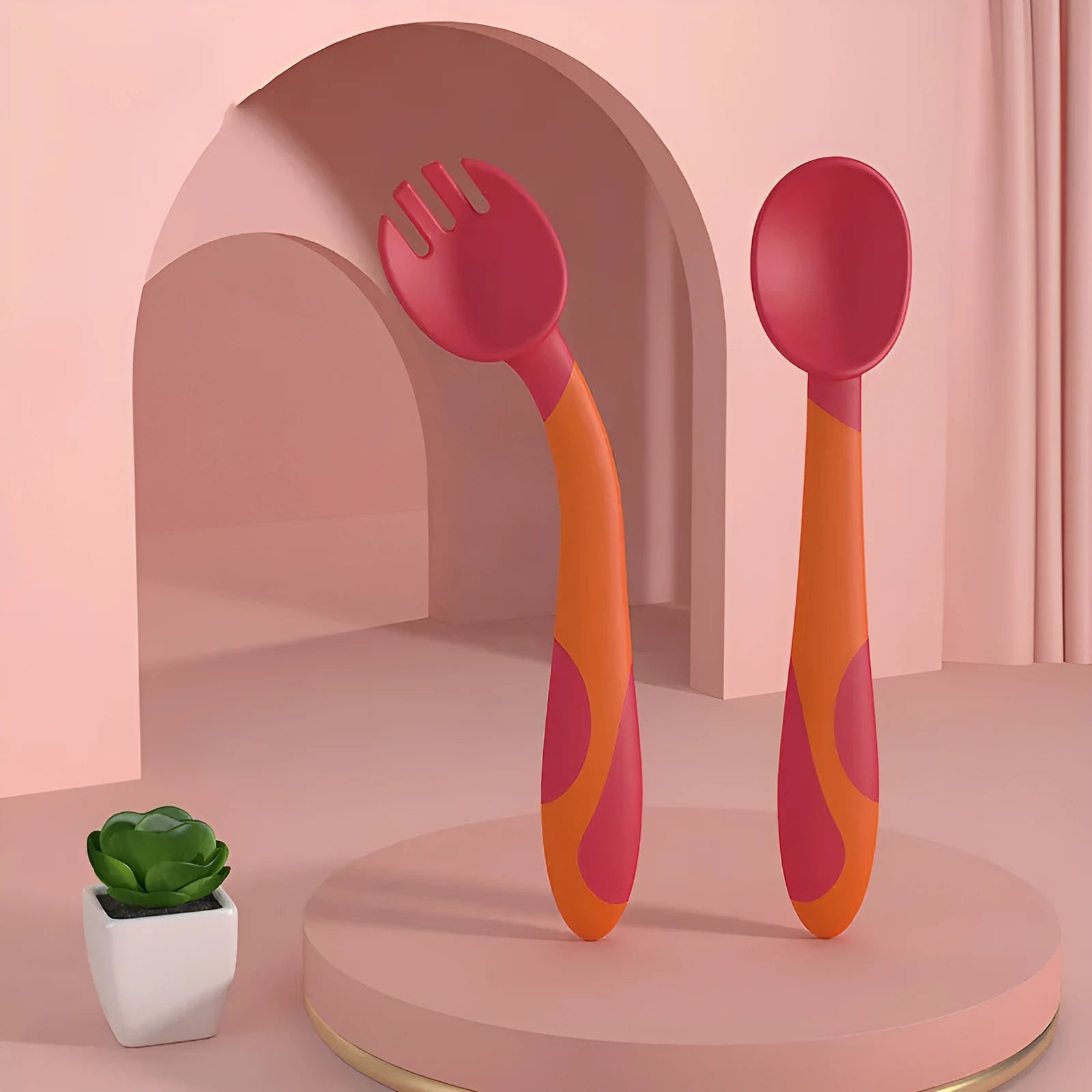 Baby training fork and spoon set with twist design in Blue, made from BPA-free food grade PP and TPE, featuring spoon baffle
