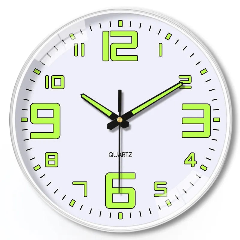 Modern 8 inch luminous wall clock with 20cm diameter white dial on a plastic casing.