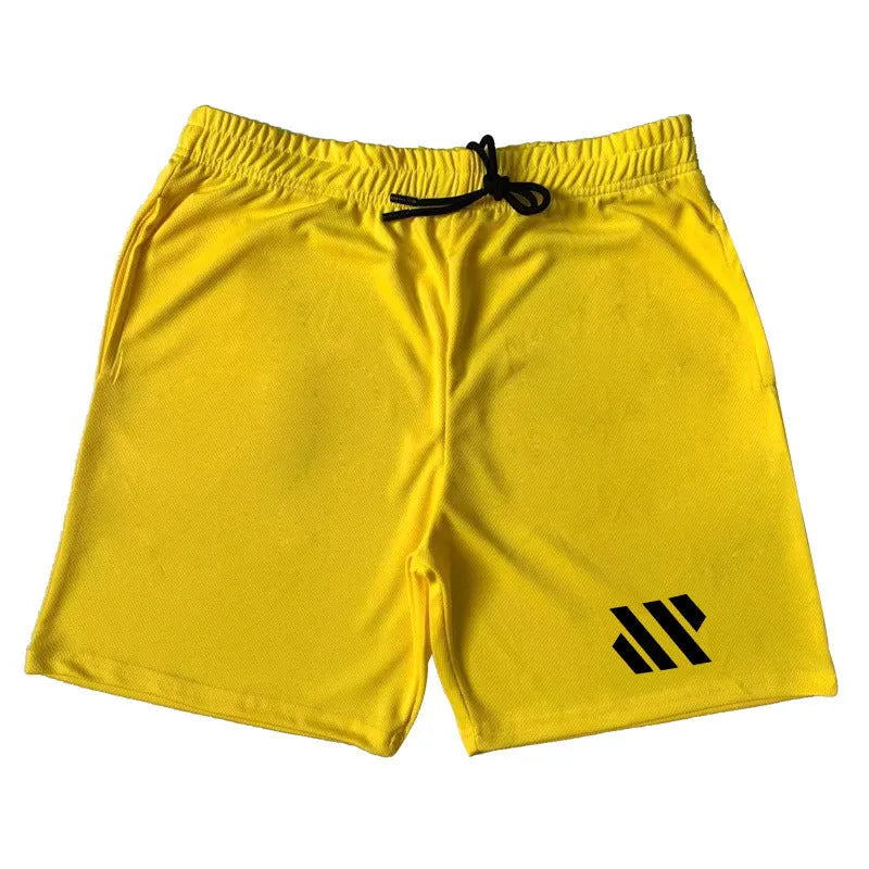 Men's loose black metal silk polyester sports shorts for running, laid flat.