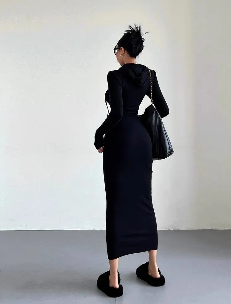 Women's hooded long sleeve sheath dress in polyester fabric with over-the-knee length