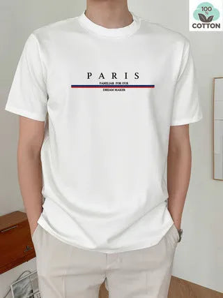 Men's white short-sleeved t-shirt with black letter print design on pure cotton fabric