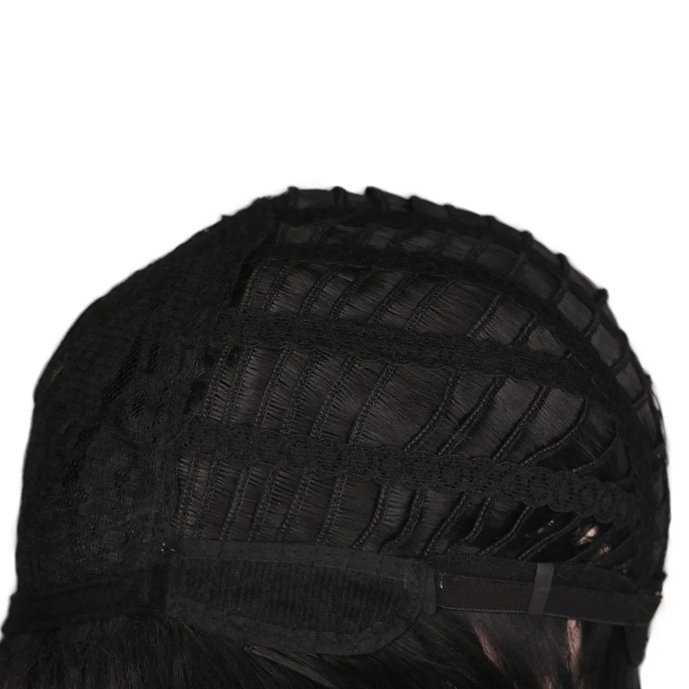 Mixed blonde brown short heat resistant wig on stand, brown colour, synthetic fibre