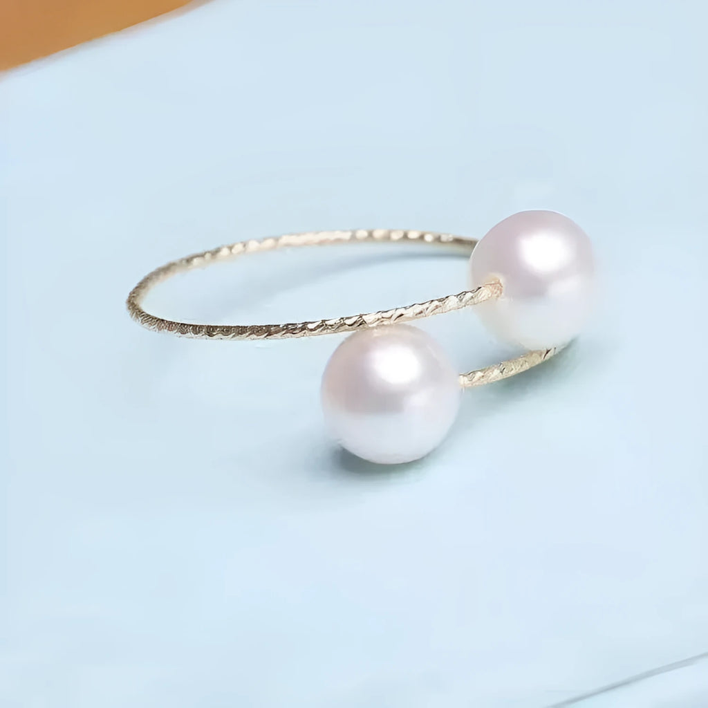 18K gold pearl elastic ring with Au750 purity, white pearl inlay, adjustable band