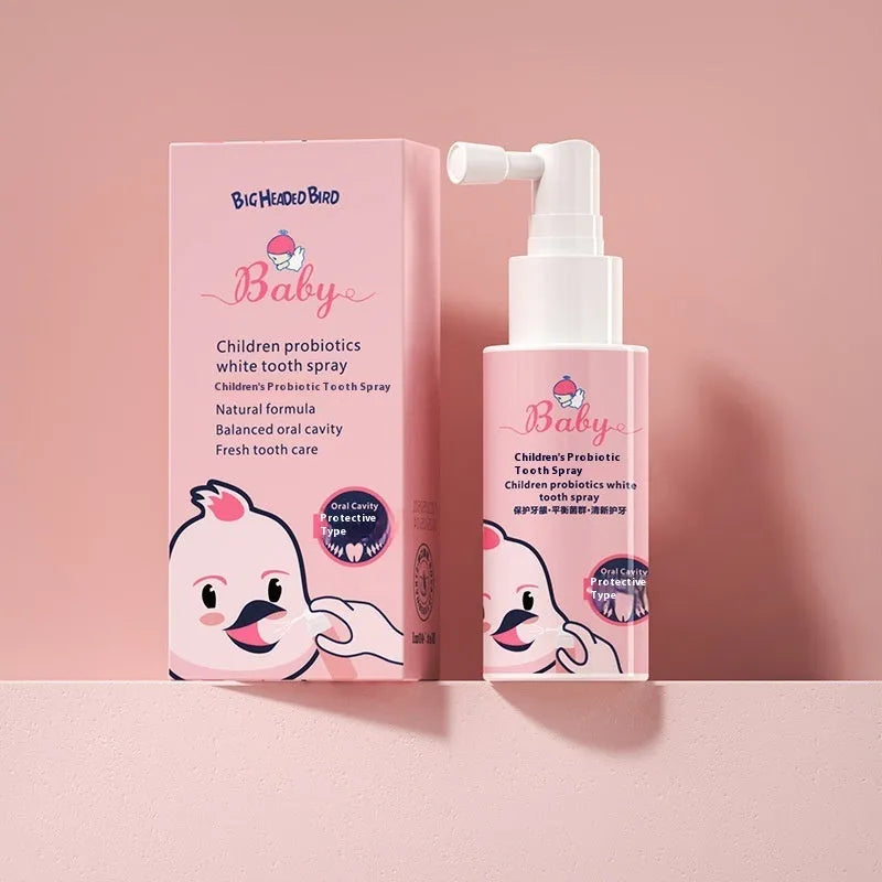Children's probiotic teeth cleaning spray in 40ml bottle with strawberry and orange flavour options