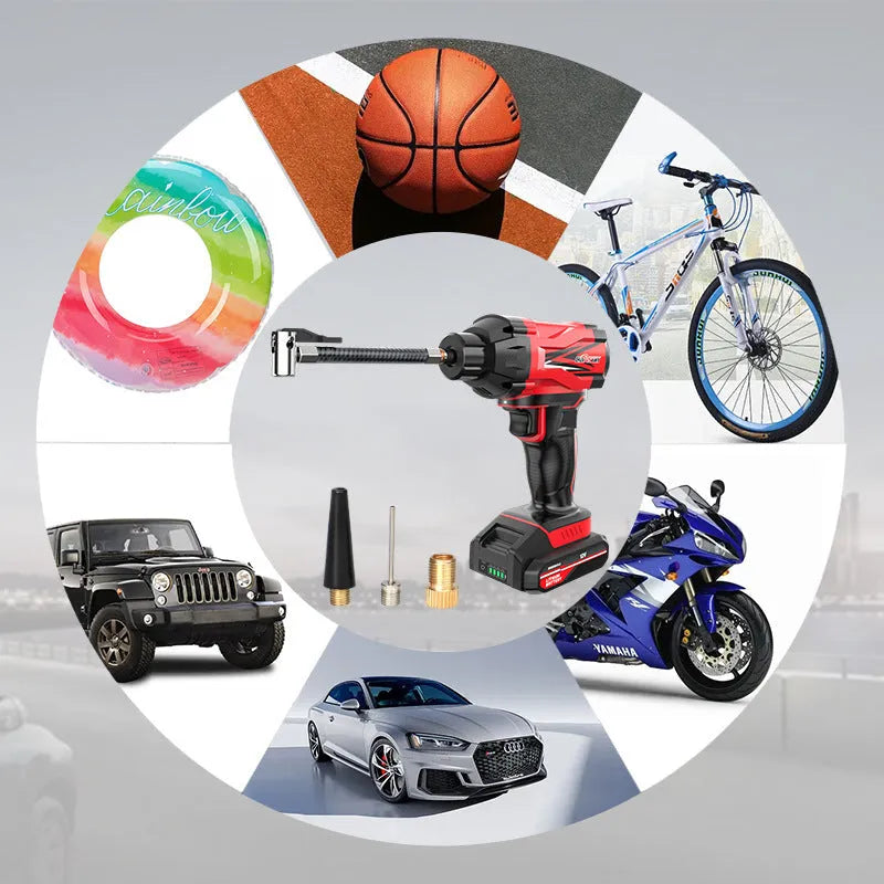 Red and black portable wireless car air pump with battery, power cable, and sports ball adapters