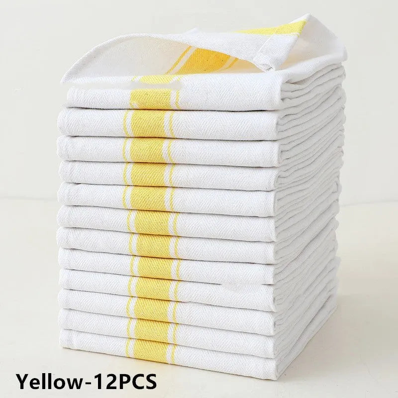 Set of twelve striped cotton dish towels in assorted colours, shown flat to display 48x70cm size.