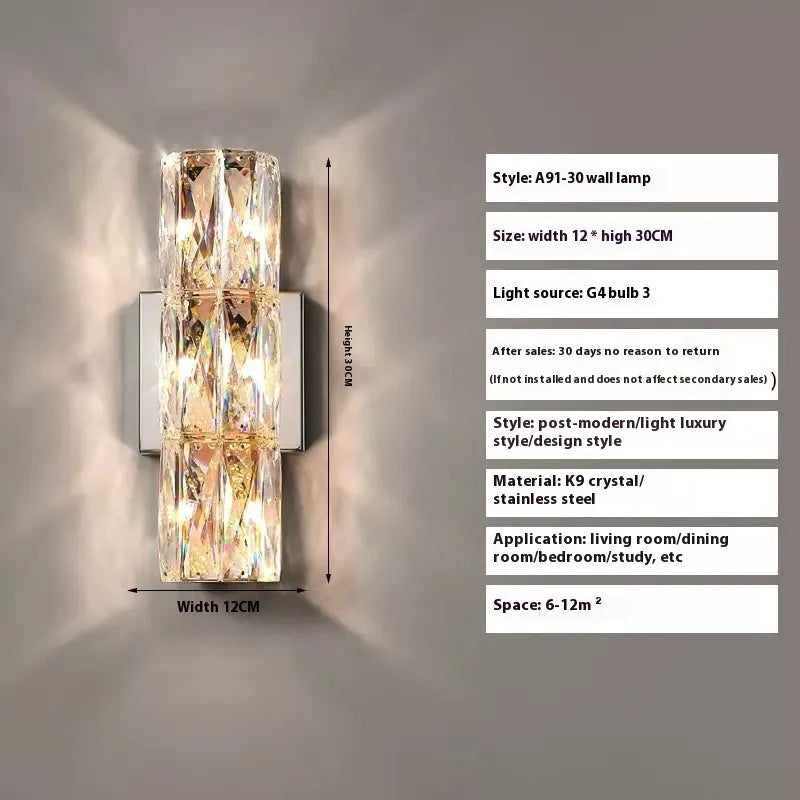 Crystal wall lamp with LED tri-colour light in chrome or gold finish showing multiple size options