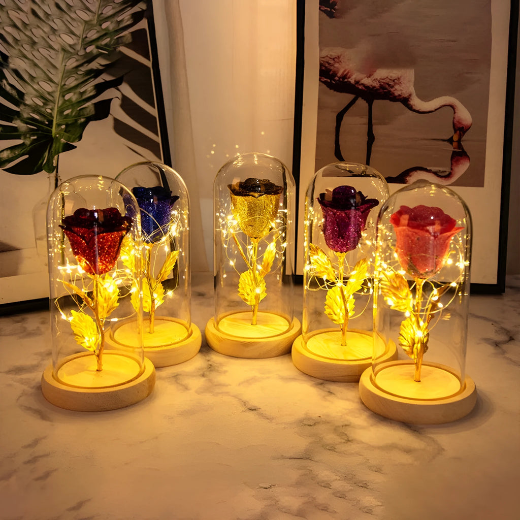 Eternal rose flower LED light in glass cover with warm white glow, six colours available, handmade