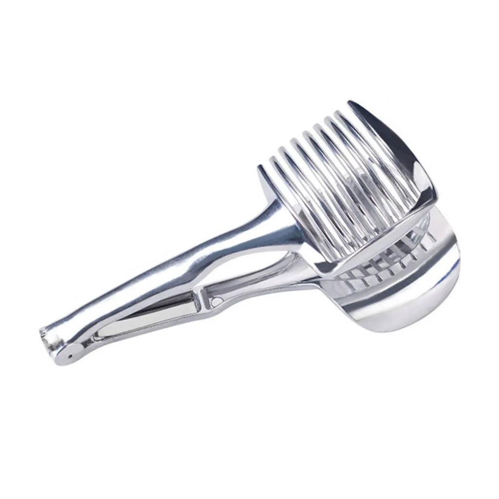 Silver plastic lemon slicer kitchen gadget on a cutting board