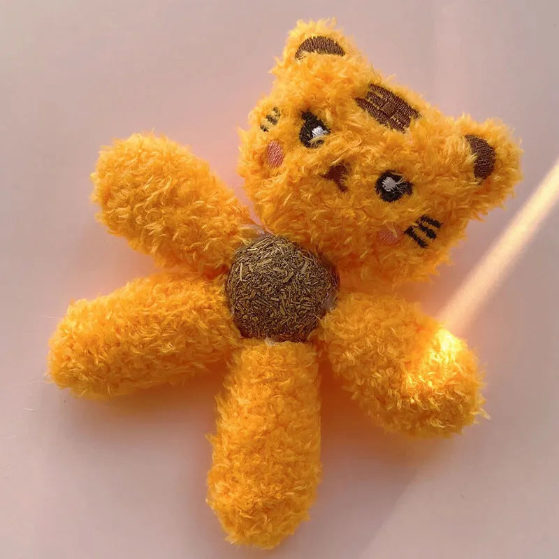 Edible catnip chewing ball in plush animal design with cat grass filling for dental cleaning