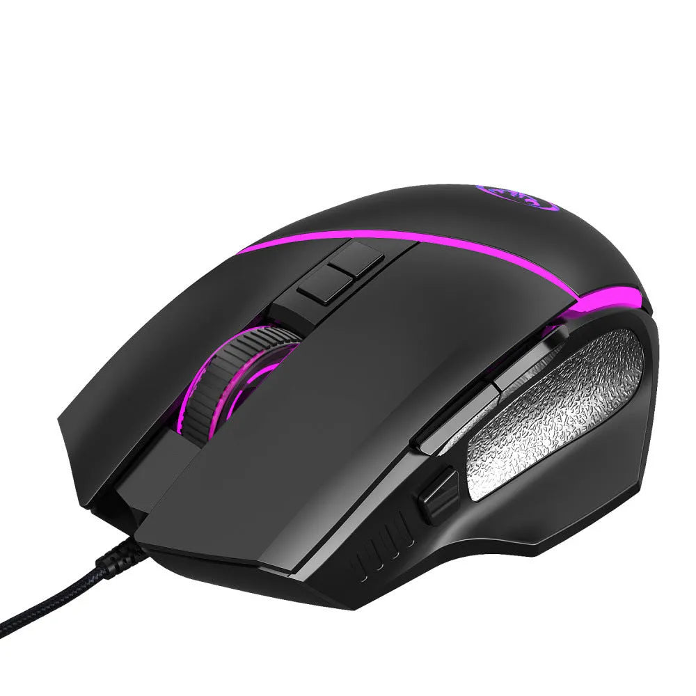 Black wired gaming mouse with 8 buttons, adjustable DPI, and 7-color breathing light on a desk