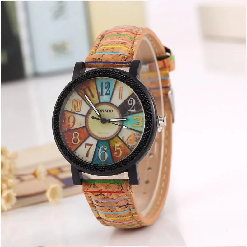 Women's vintage casual quartz watch with brown leather strap and 37mm round dial