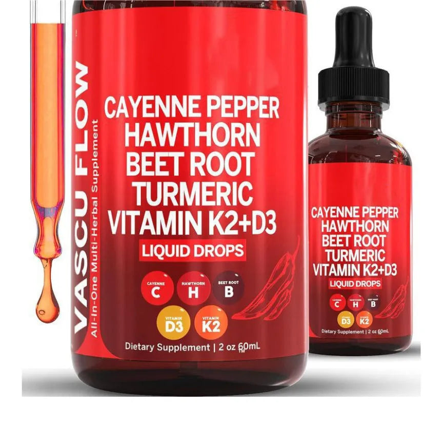 60ml bottle of Vitamin D3 and K2 liquid drops with hawthorn fruit extract and a dropper.